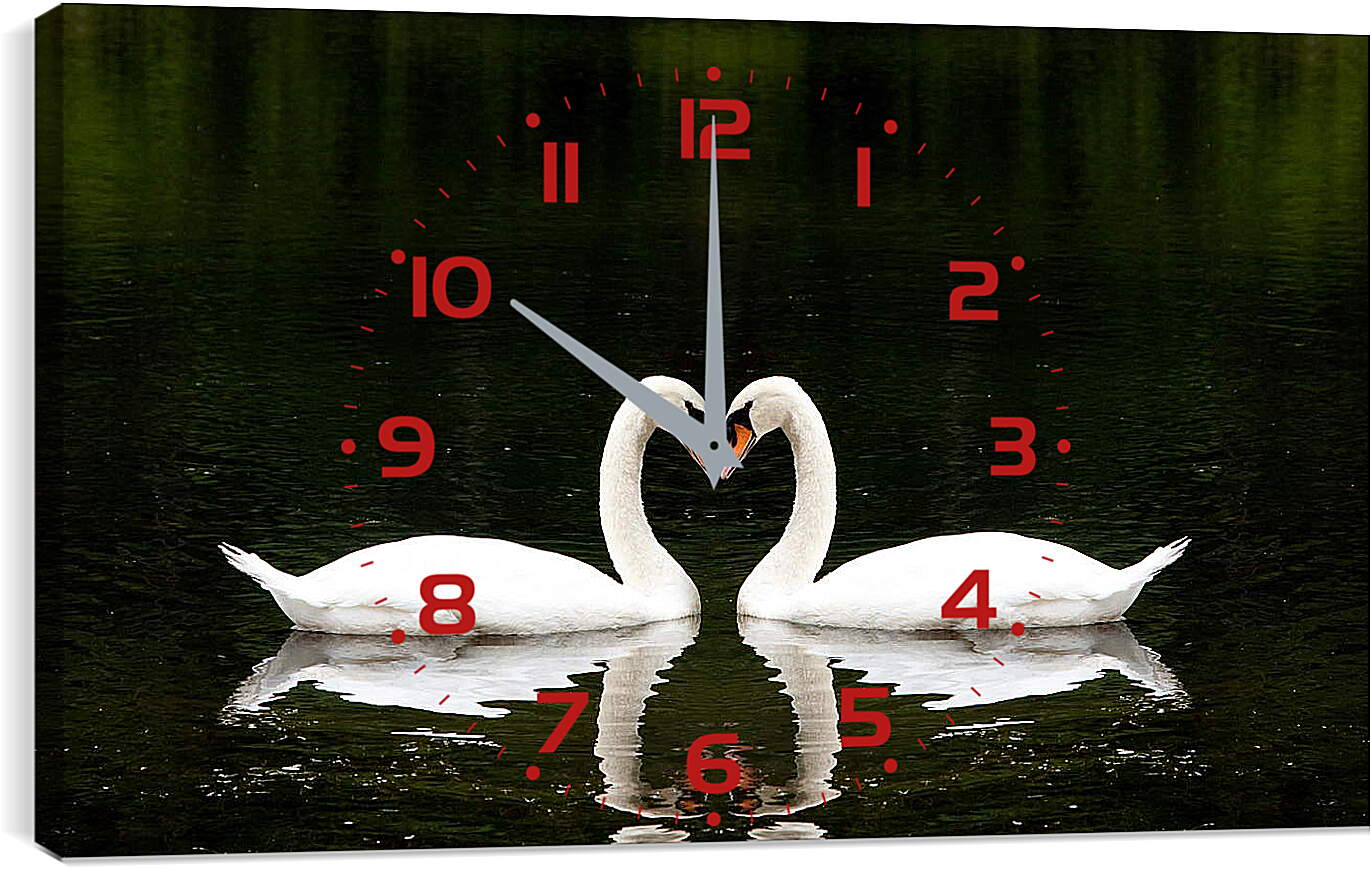 Часы картина - Лебеди на черном фоне
