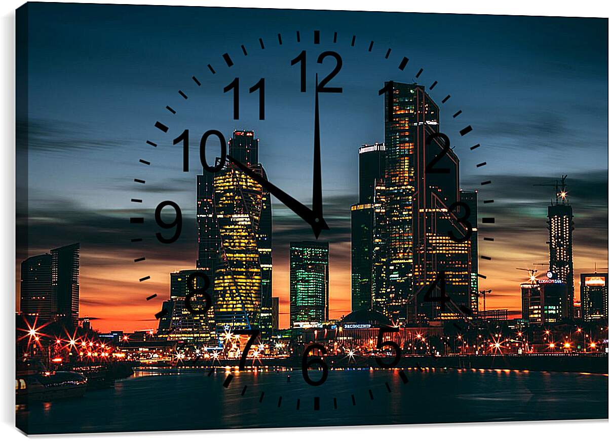 Часы картина - Вечерний Москва-сити