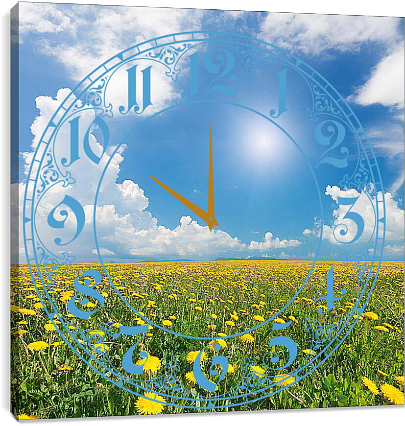 Часы картина - Поле одуванчиков и голубое небо
