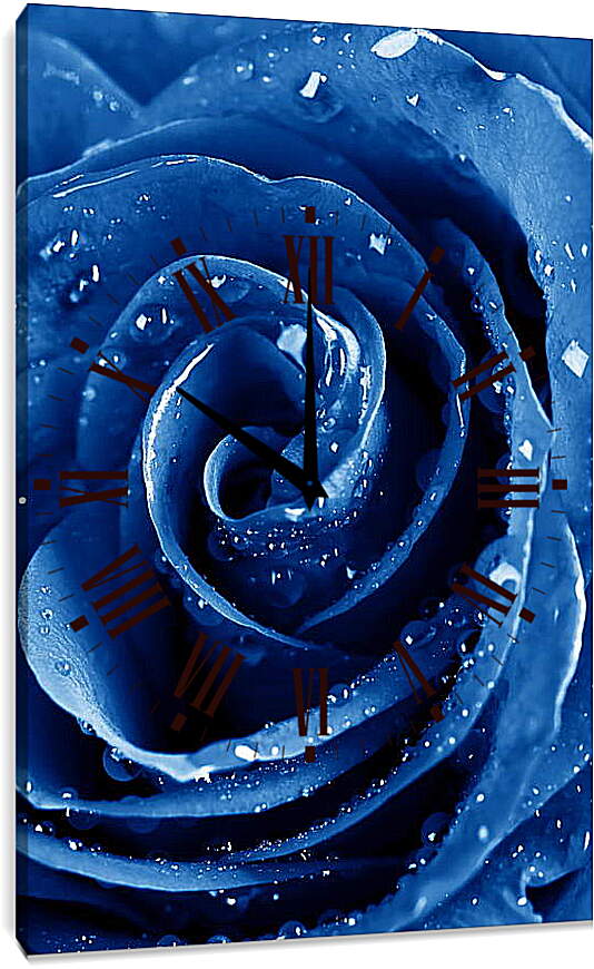 Часы картина - Синяя роза в каплях воды
