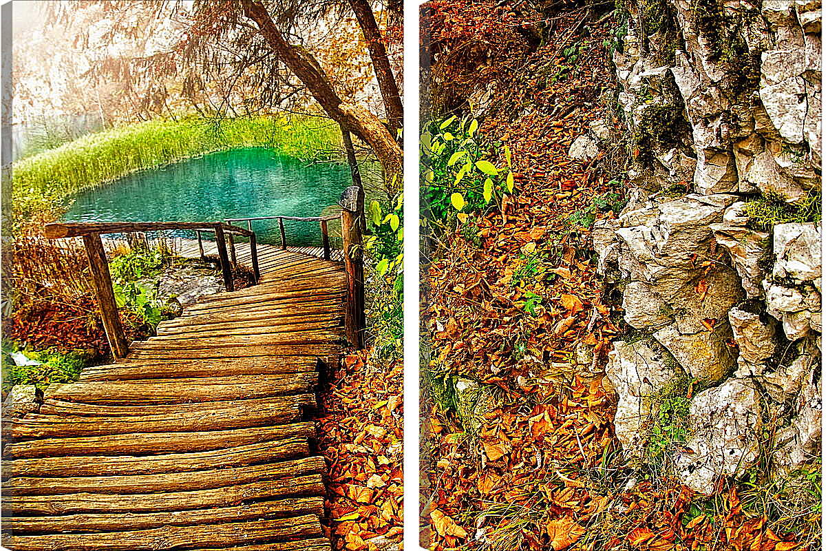 Модульная картина - Осенний мост к реке
