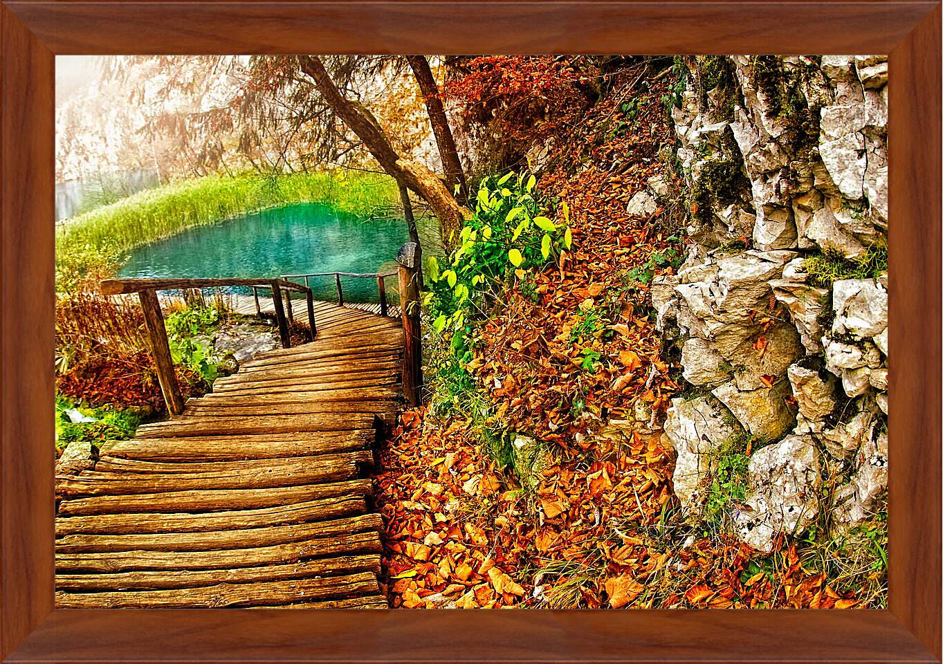 Картина в раме - Осенний мост к реке
