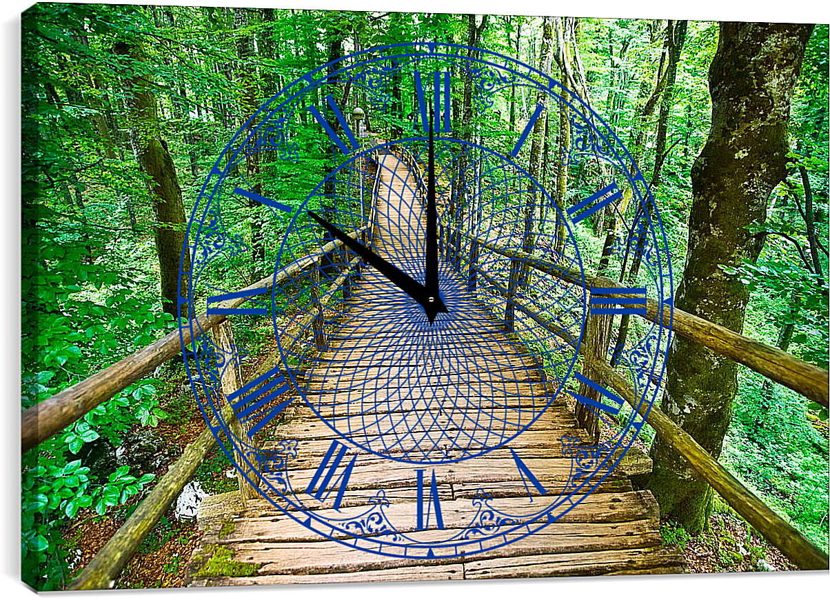 Часы картина - Деревянный мост в лесу
