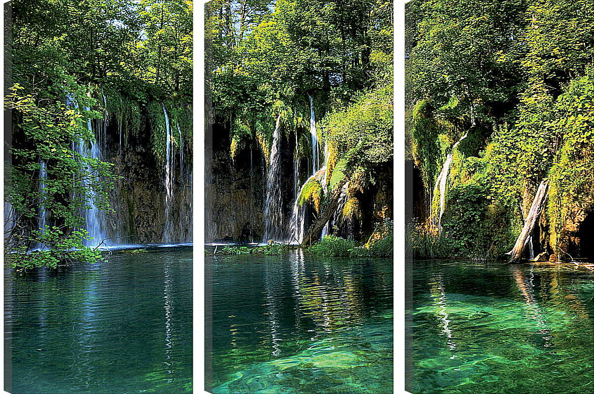 Модульная картина - Водопады и зеленое озеро
