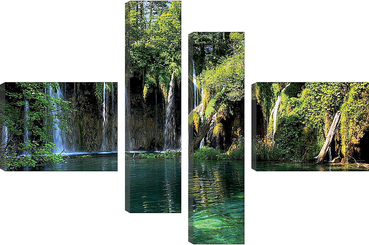 Модульная картина - Водопады и зеленое озеро
