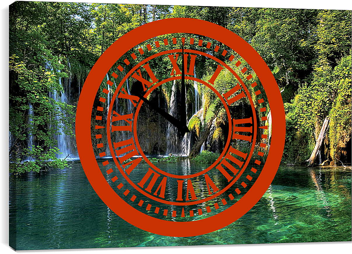 Часы картина - Водопады и зеленое озеро

