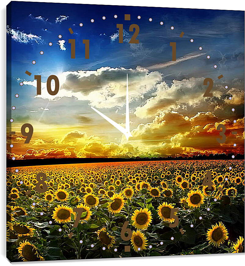 Часы картина - Солнечное небо и поле подсолнухов

