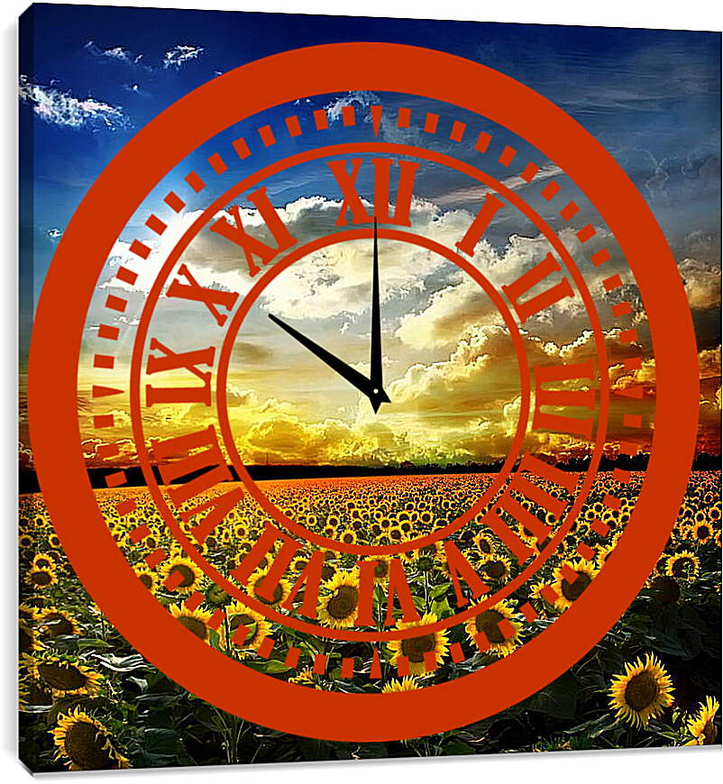 Часы картина - Солнечное небо и поле подсолнухов
