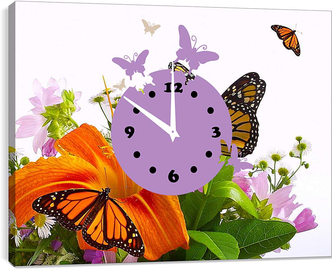 Часы картина - Бабочки на цветке