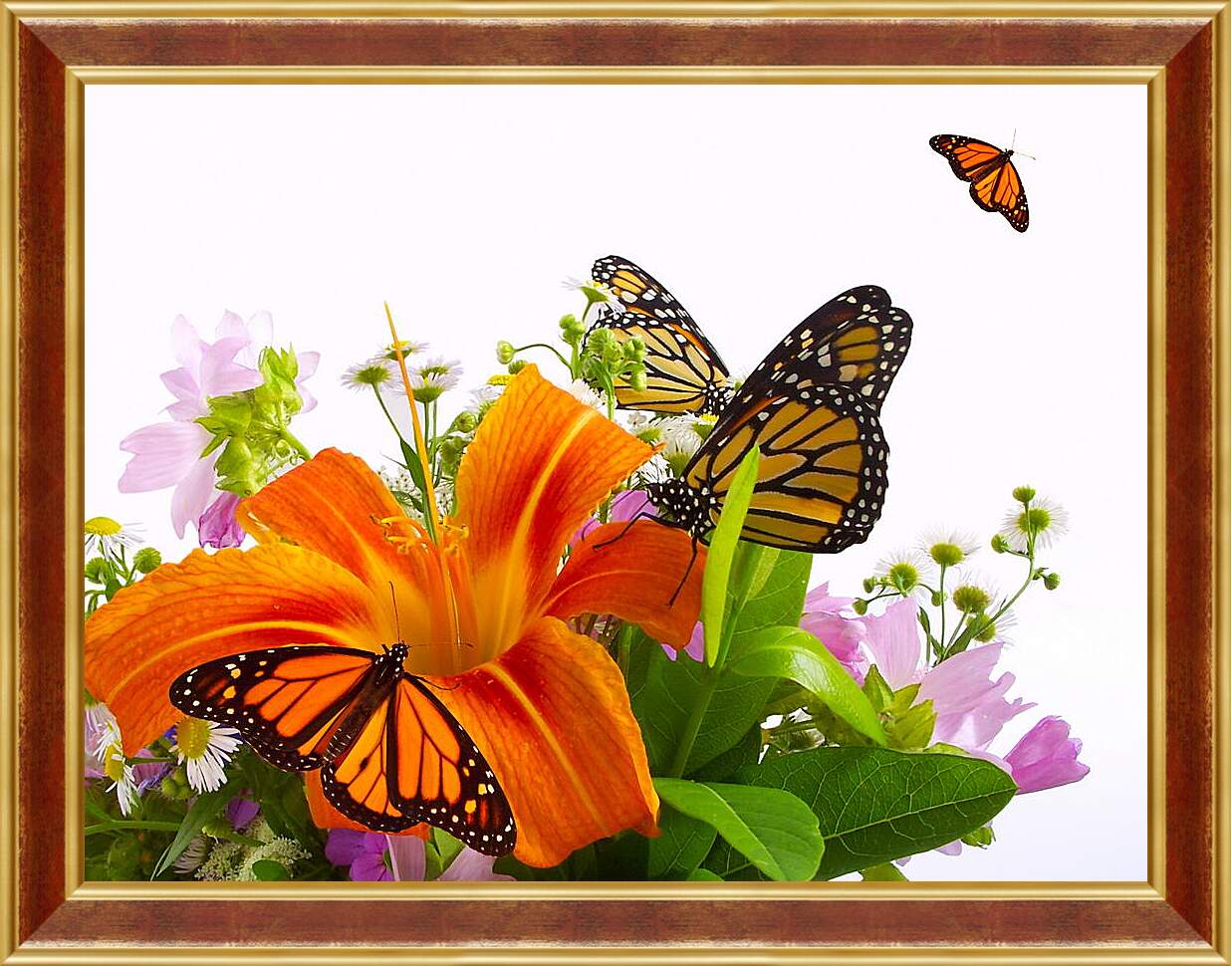 Картина в раме - Бабочки на цветке
