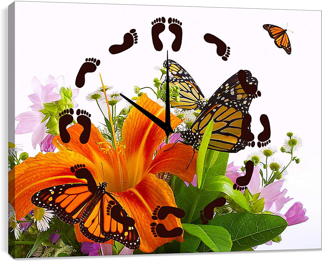 Часы картина - Бабочки на цветке
