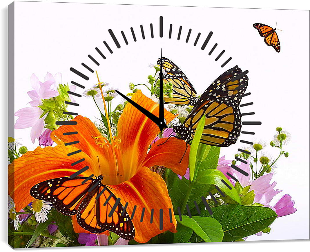 Часы картина - Бабочки на цветке
