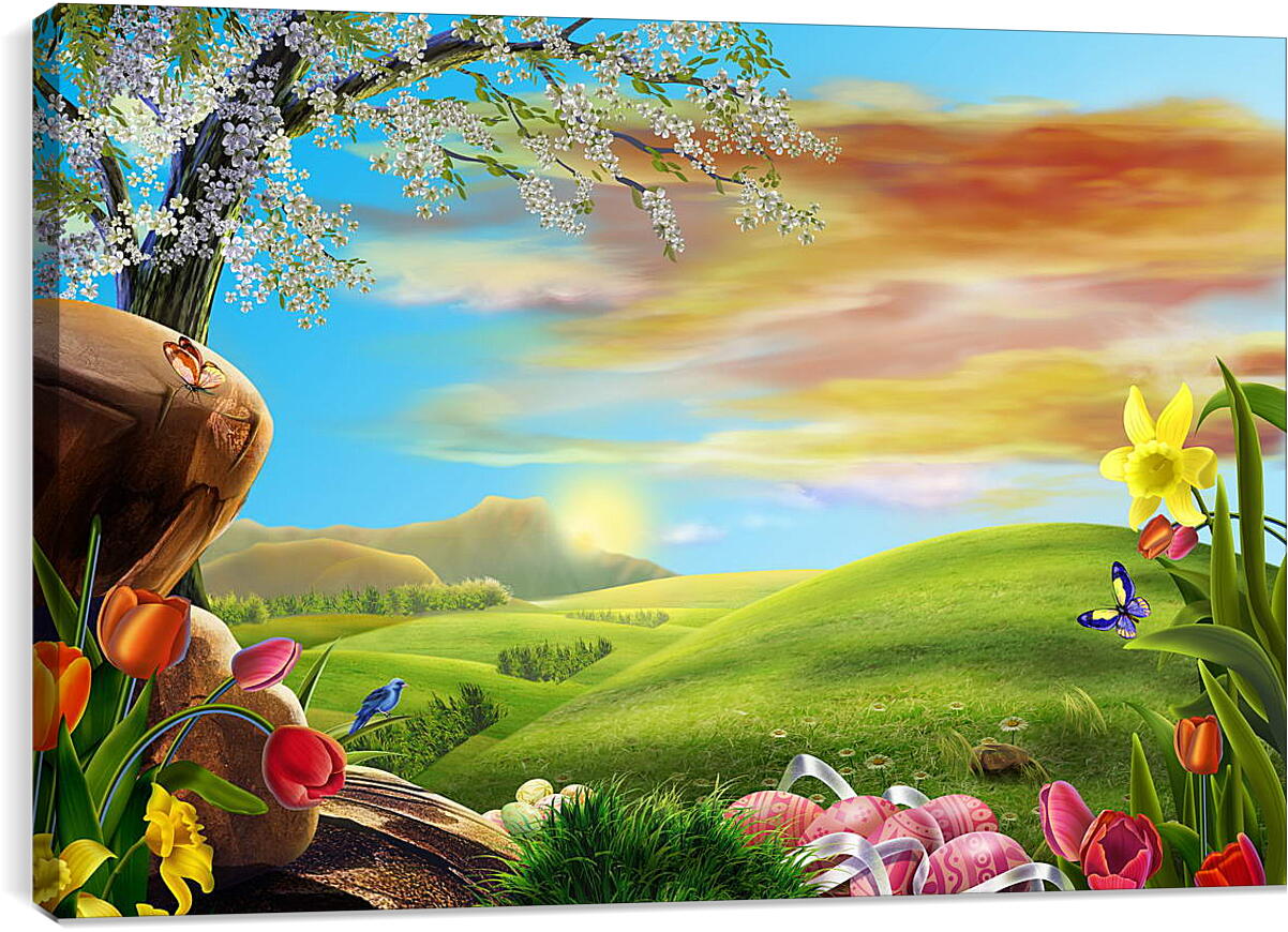Постер и плакат - Иллюстрация поле цветов и небо
