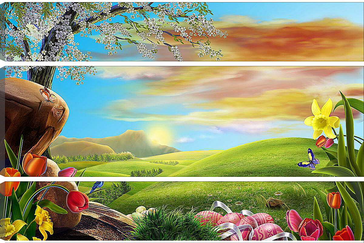 Модульная картина - Иллюстрация поле цветов и небо
