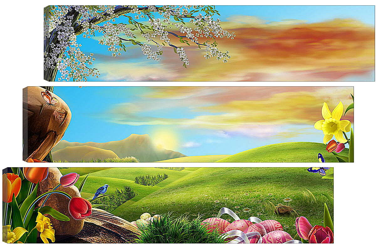 Модульная картина - Иллюстрация поле цветов и небо
