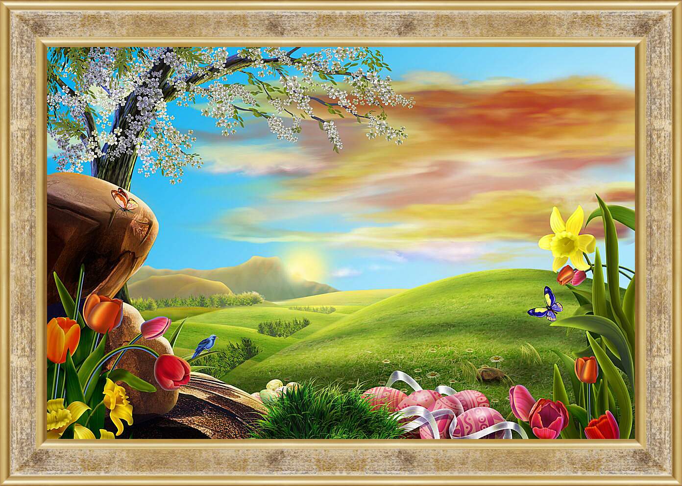 Картина в раме - Иллюстрация поле цветов и небо
