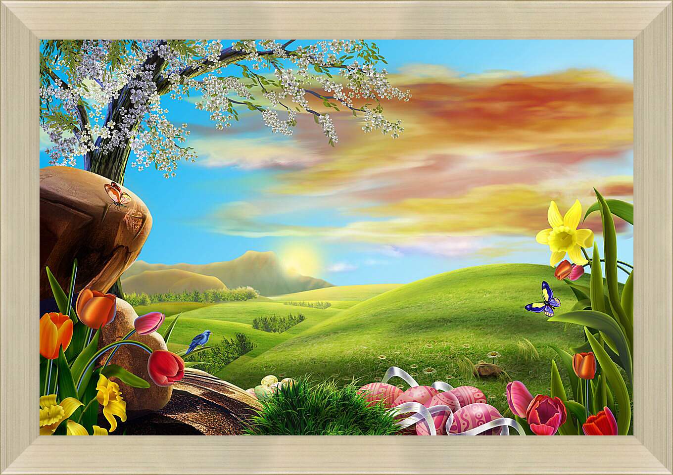 Картина в раме - Иллюстрация поле цветов и небо
