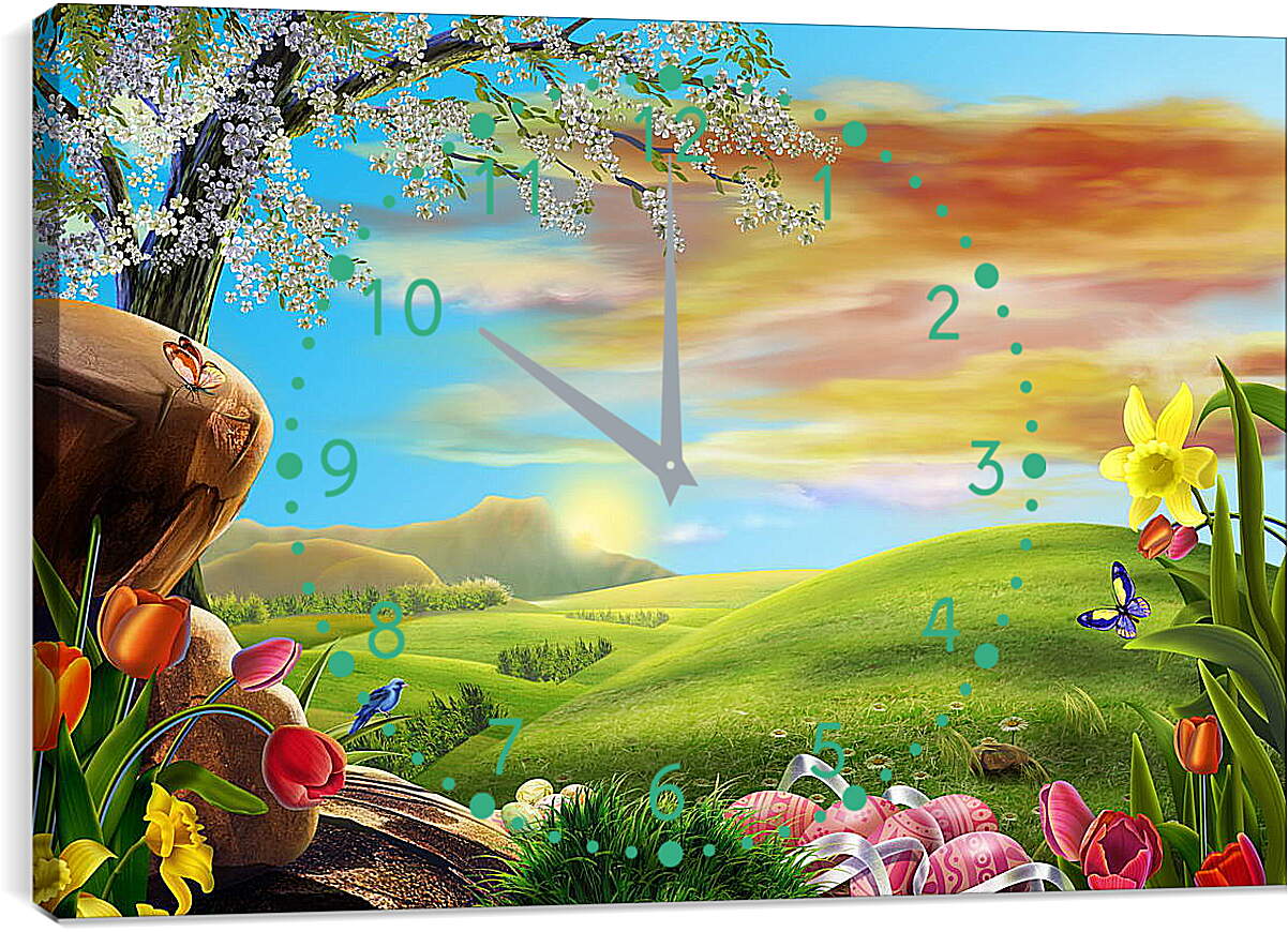 Часы картина - Иллюстрация поле цветов и небо
