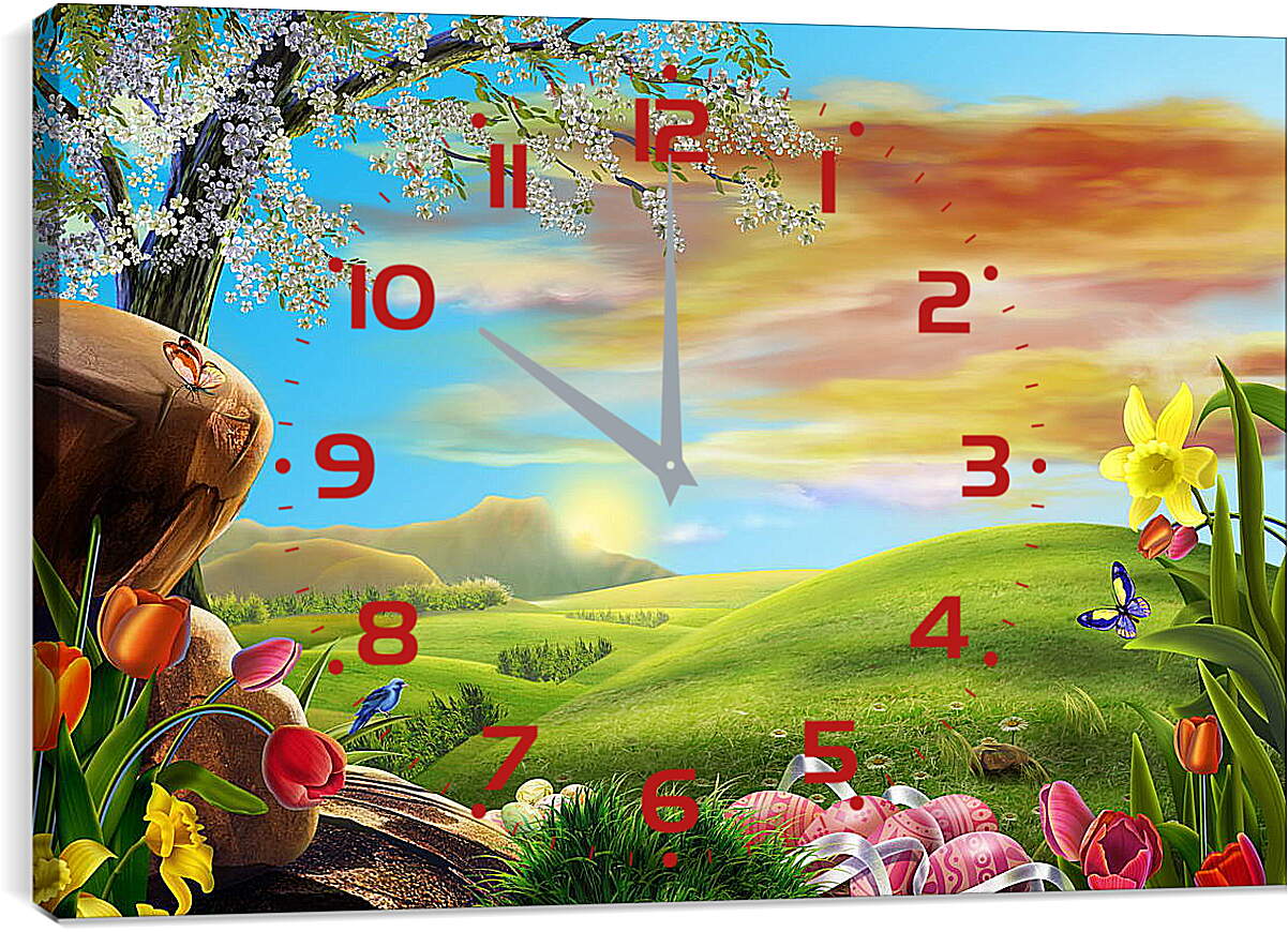 Часы картина - Иллюстрация поле цветов и небо
