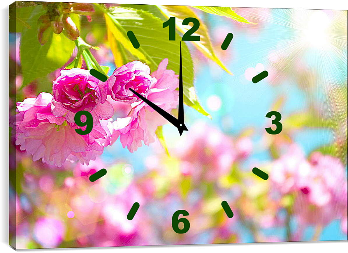Часы картина - Розовые цветы и солнце
