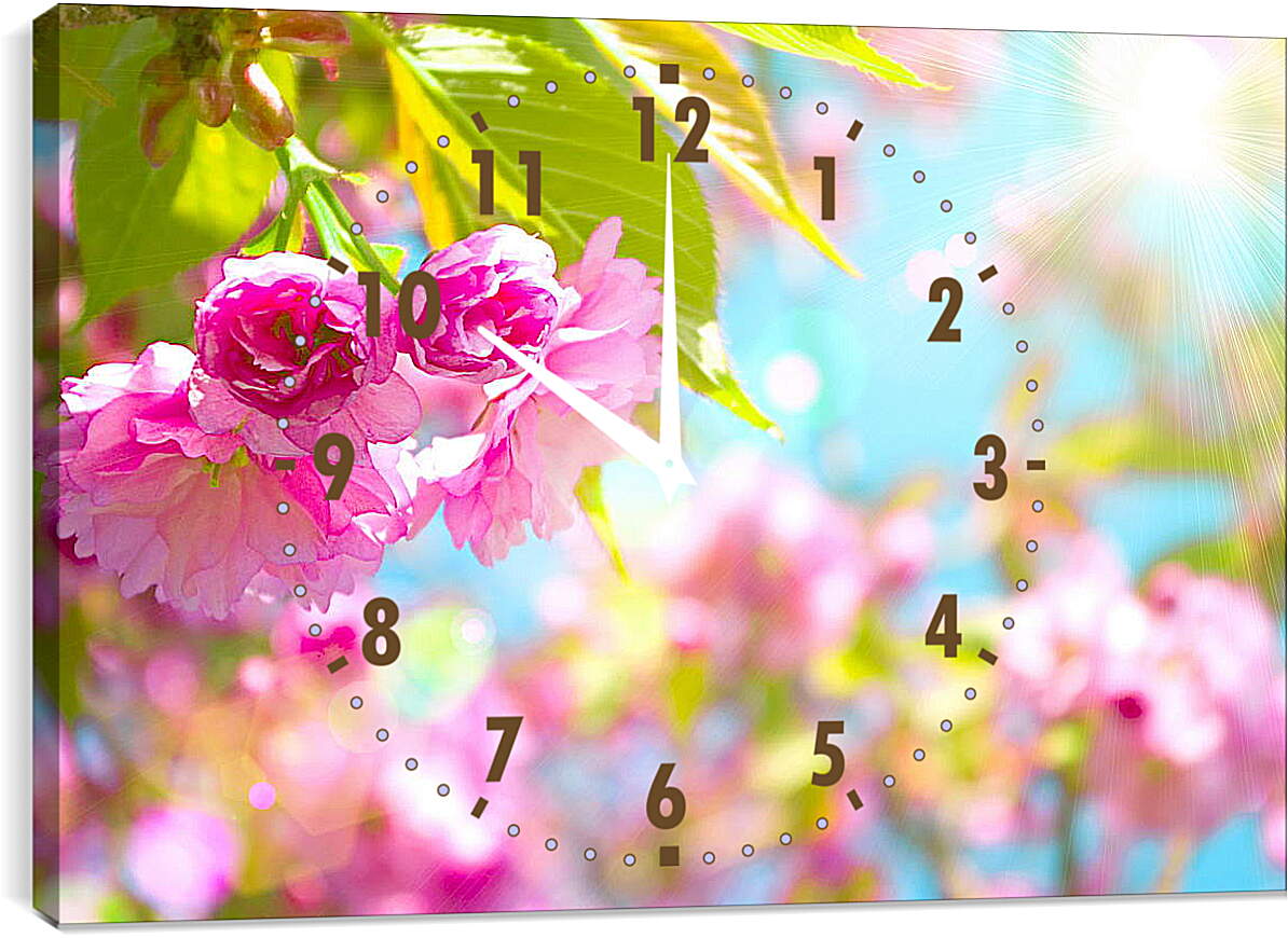 Часы картина - Розовые цветы и солнце
