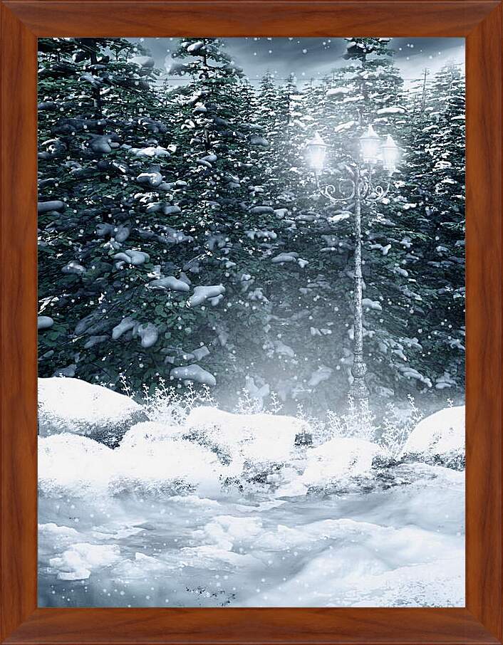 Картина в раме - Зима фонарь снежные хлопья
