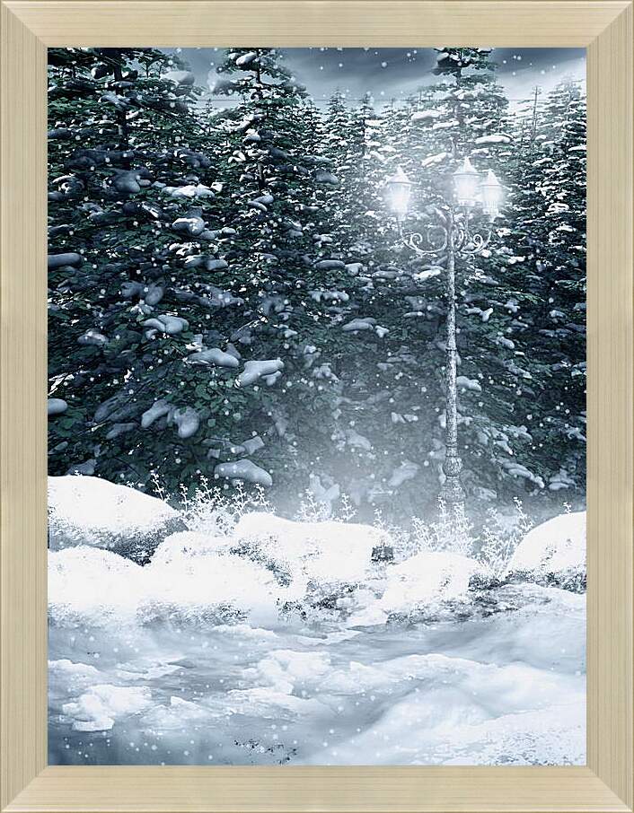 Картина в раме - Зима фонарь снежные хлопья

