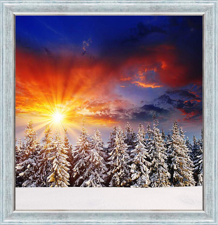 Картина в раме - Красный закат зимой
