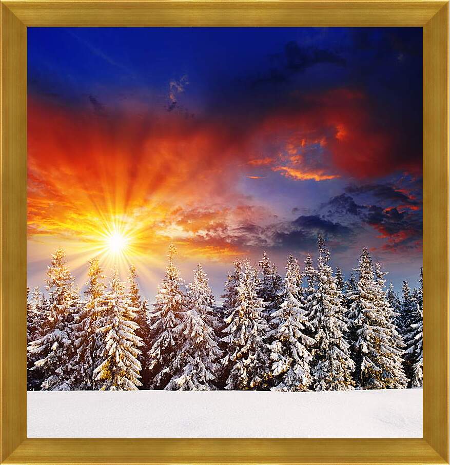 Картина в раме - Красный закат зимой
