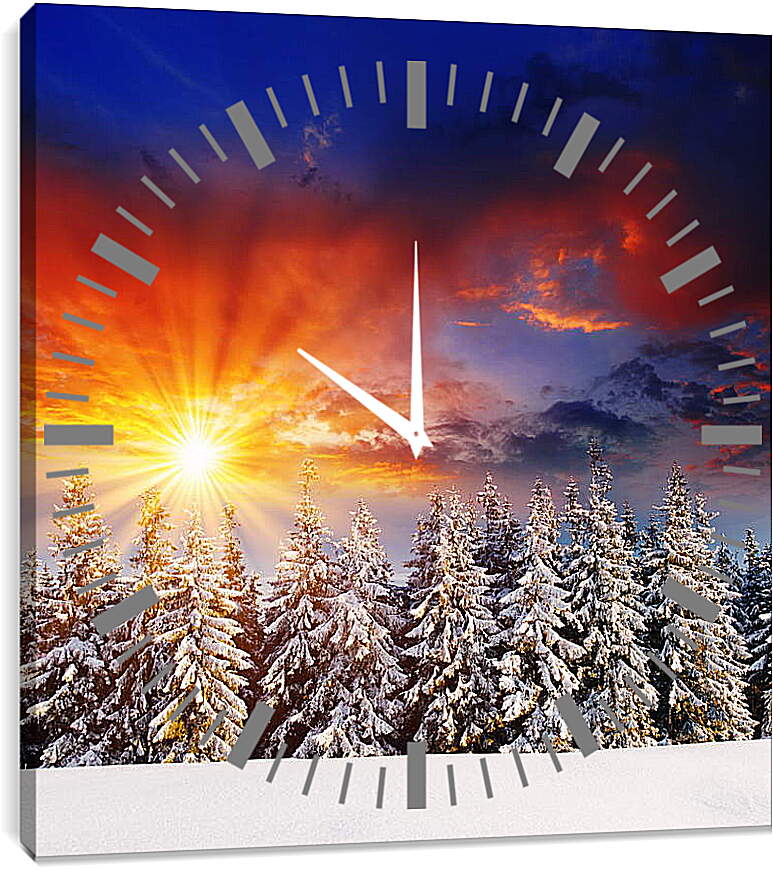 Часы картина - Красный закат зимой
