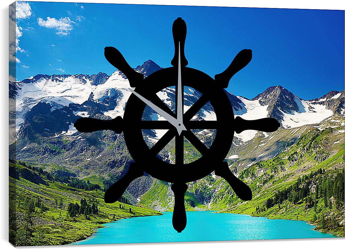 Часы картина - Заснеженные горы и синий водоём