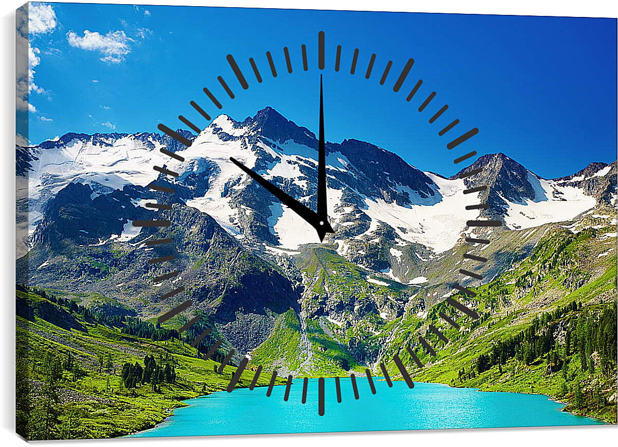 Часы картина - Заснеженные горы и синий водоём