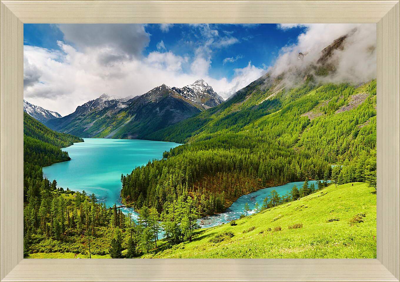 Картина в раме - Лес с водоёмом на фоне гор