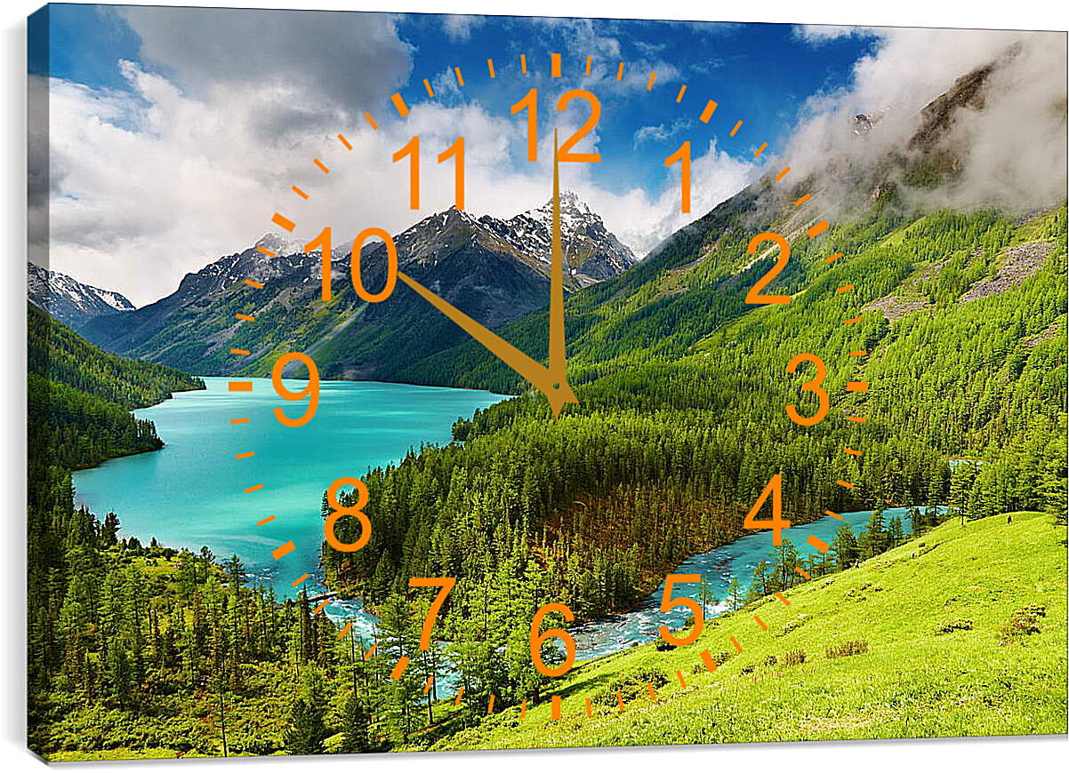 Часы картина - Лес с водоёмом на фоне гор