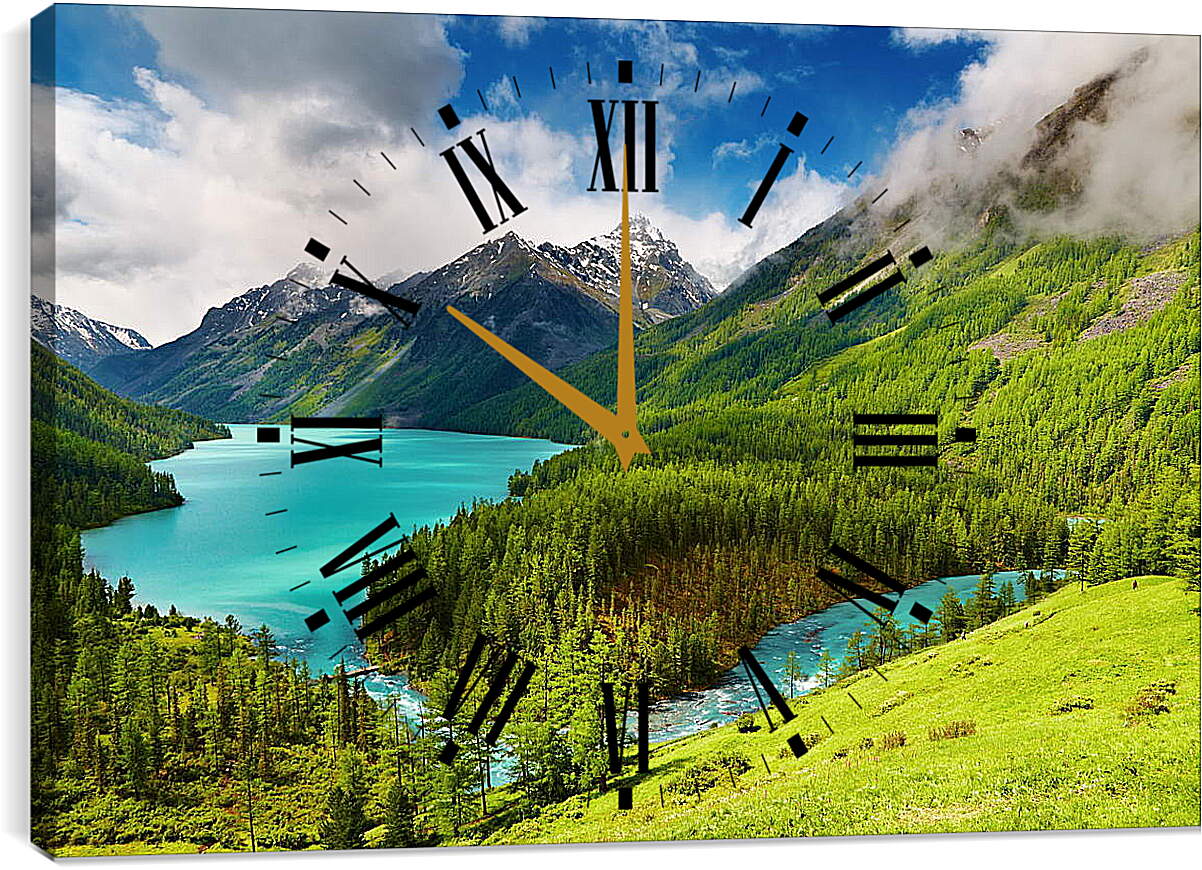 Часы картина - Лес с водоёмом на фоне гор