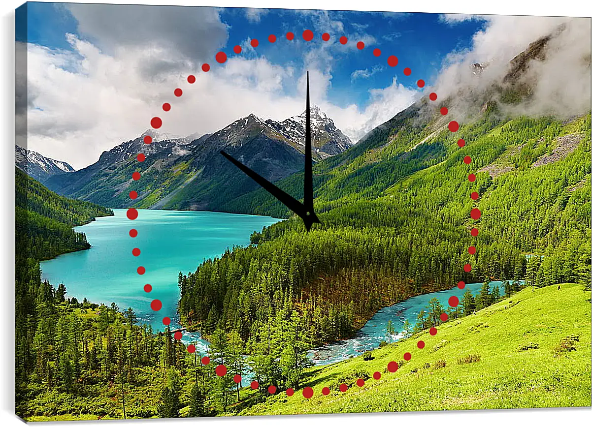 Часы картина - Лес с водоёмом на фоне гор