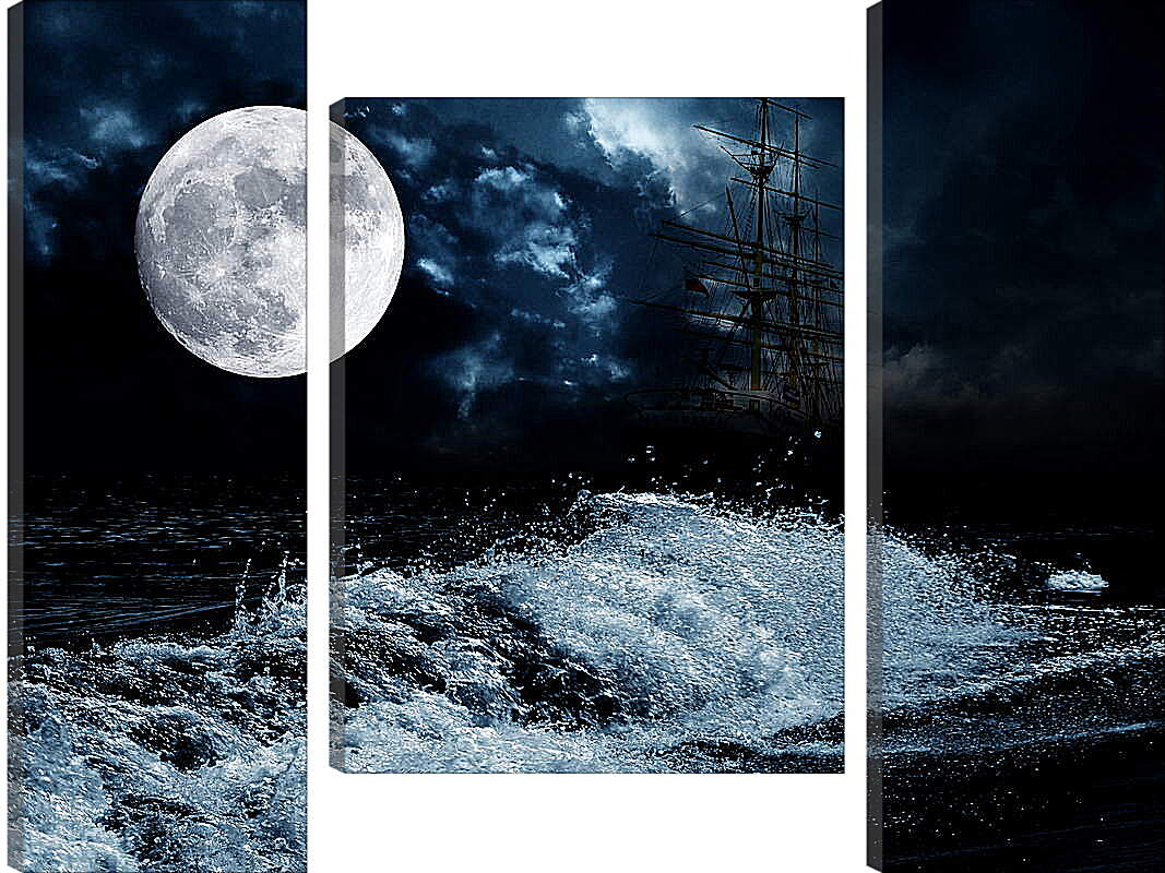 Модульная картина - Большая луна и корабль
