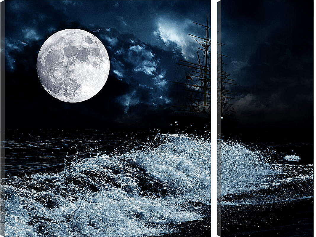 Модульная картина - Большая луна и корабль
