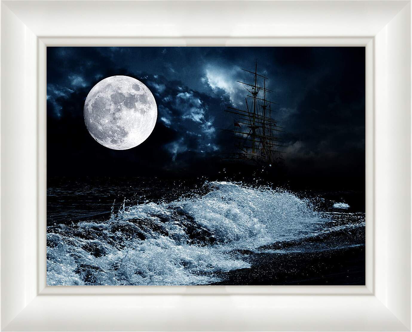 Картина в раме - Большая луна и корабль
