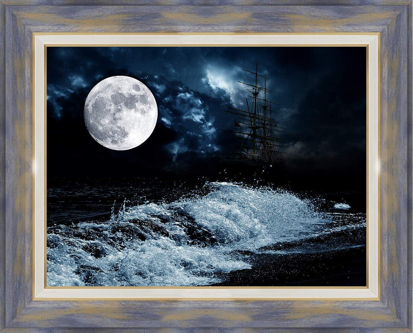 Картина в раме - Большая луна и корабль

