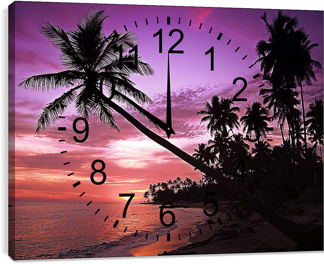 Часы картина - Пальмы в фиолетовом закате
