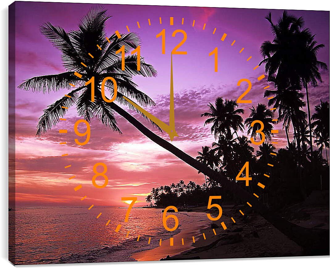 Часы картина - Пальмы в фиолетовом закате

