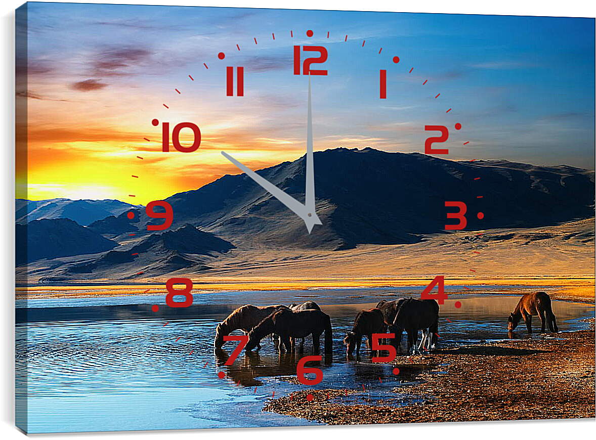 Часы картина - Кони на водопоее
