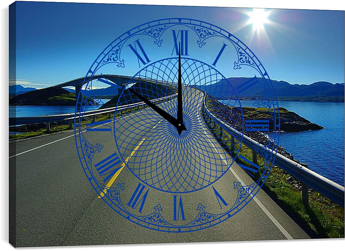 Часы картина - Дорога, мост, море, горы.
