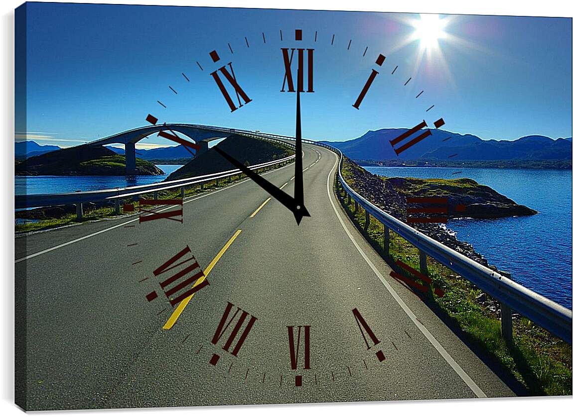 Часы картина - Дорога, мост, море, горы.