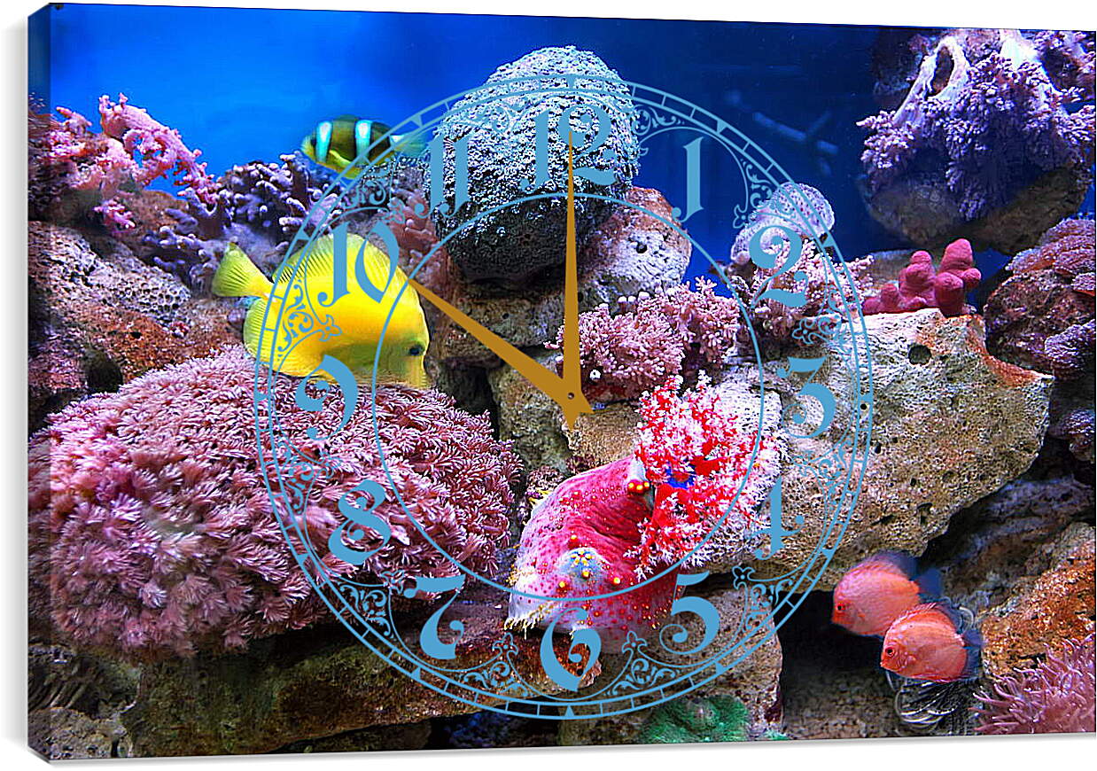 Часы картина - Желтая рыба в кораллах
