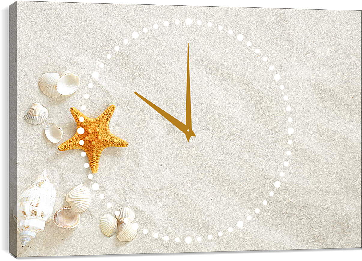 Часы картина - Ракушки и звезда на песке
