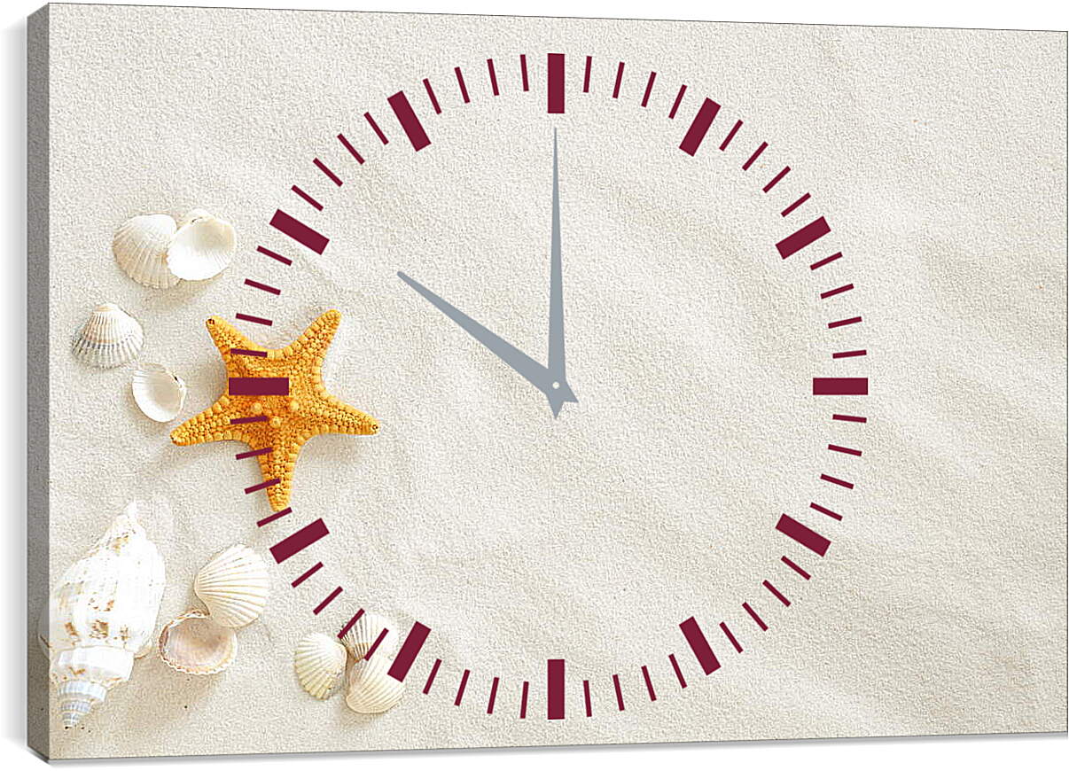 Часы картина - Ракушки и звезда на песке
