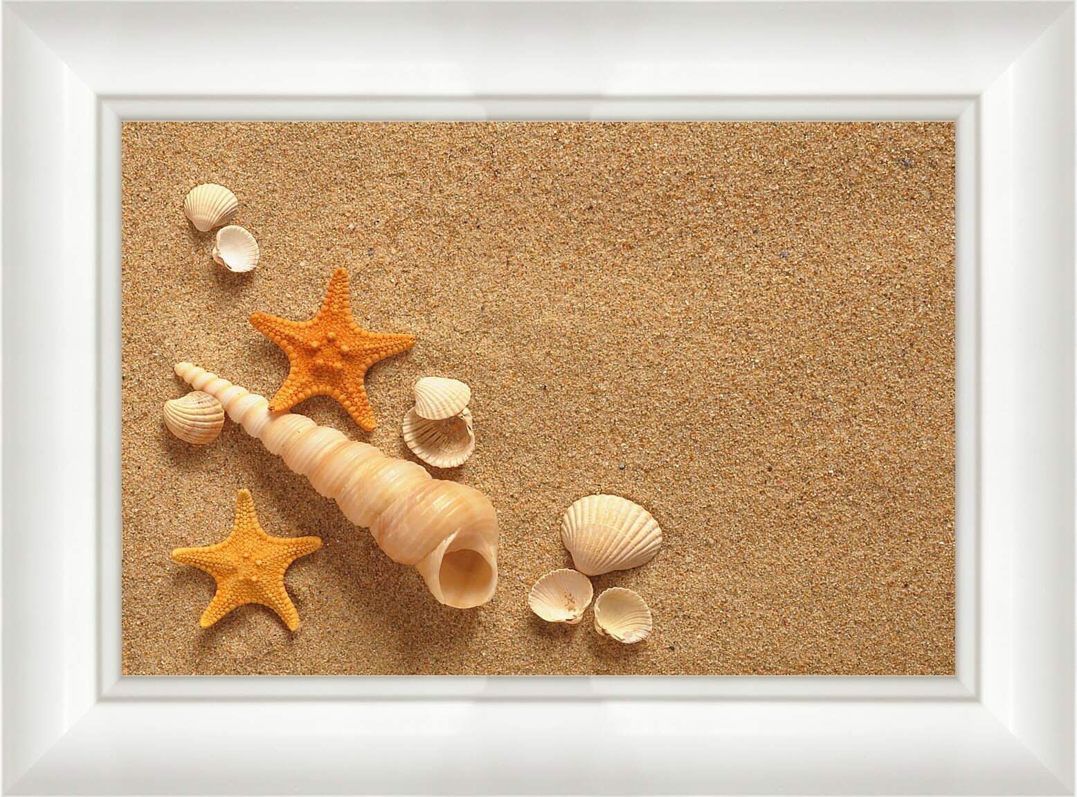 Картина в раме - Ракушки и звезды на песке
