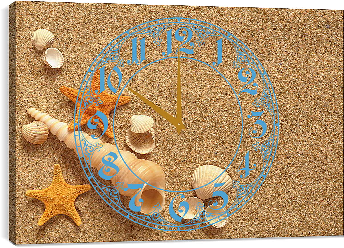 Часы картина - Ракушки и звезды на песке
